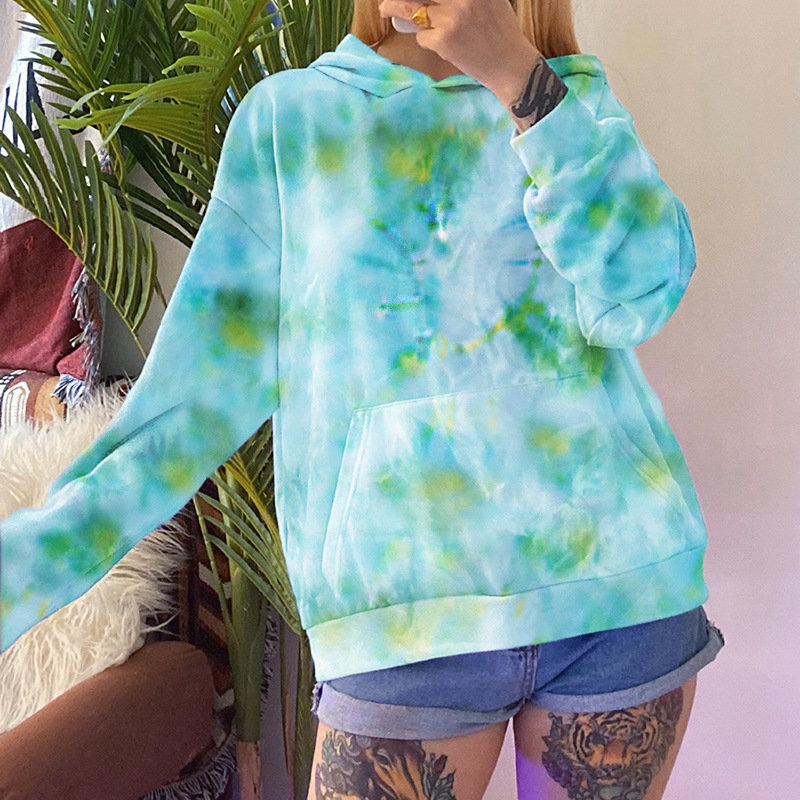 Mujeres de manga larga Tie Dye Casual Work Out Chill Ropa de ajuste superior para mujer Sudadera con capucha Pullover con bolsillos