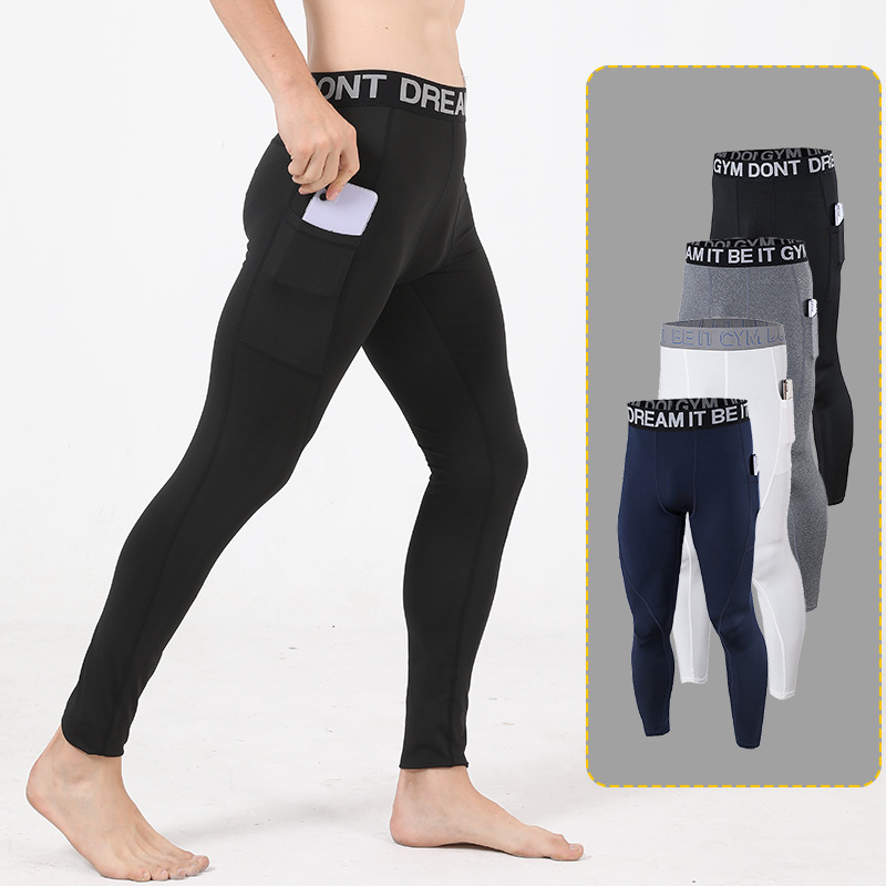 Leggings para hombre, pantalones de entrenamiento para correr, transpirables, transpirables, de secado rápido, con bolsillos laterales elásticos