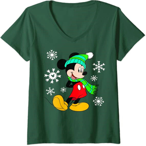 Camiseta de Año Nuevo con cuello en V para mujer, Navidad, Disney, Mickey Mouse, Navidad, retrato, copos de nieve, envío gratis