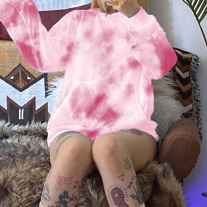Mujeres de manga larga Tie Dye Casual Work Out Chill Ropa de ajuste superior para mujer Sudadera con capucha Pullover con bolsillos