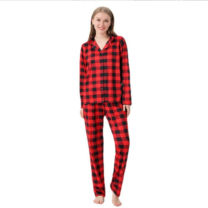 Navidad para padres e hijos Navidad europea y americana Conjunto de pijama a cuadros rojo y negro